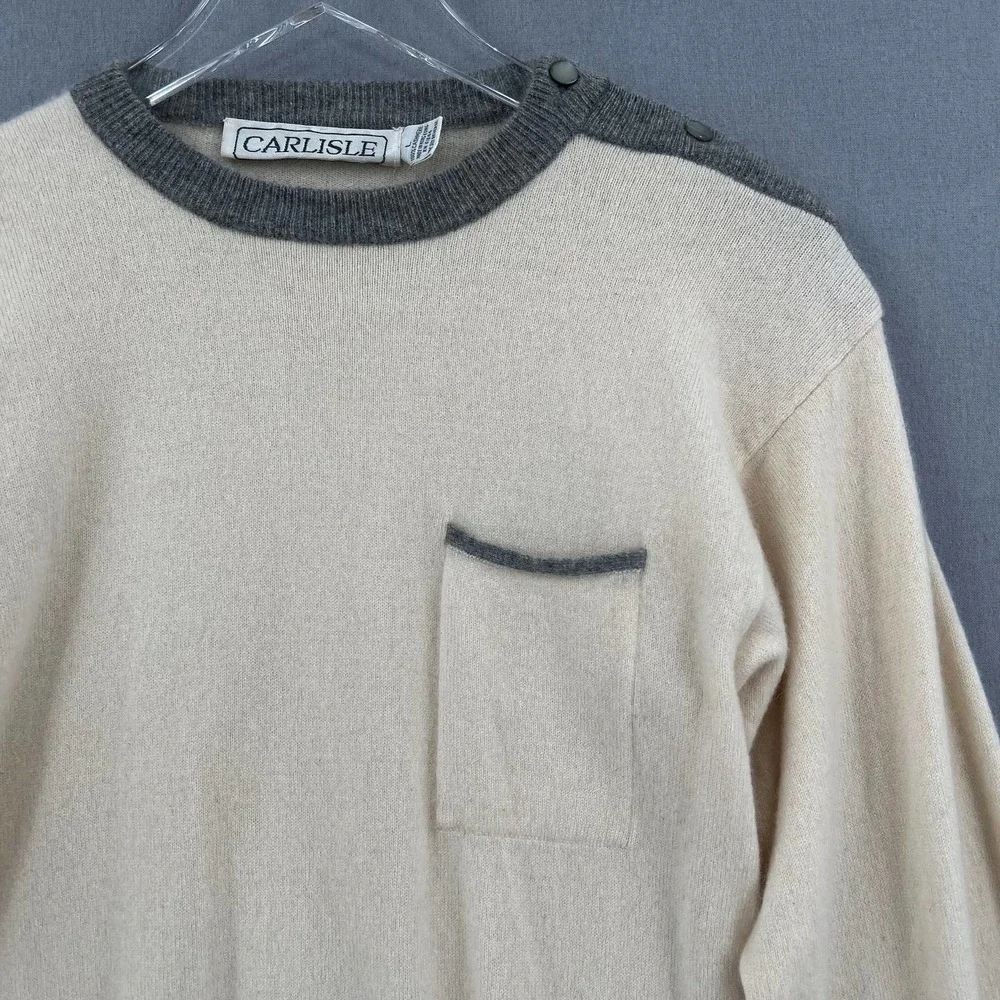 CARLISLE Sweater Womens L Cream Gray 100% Cashmere Vintage Long Sleeve Crew Neck - Picture 6 of 8